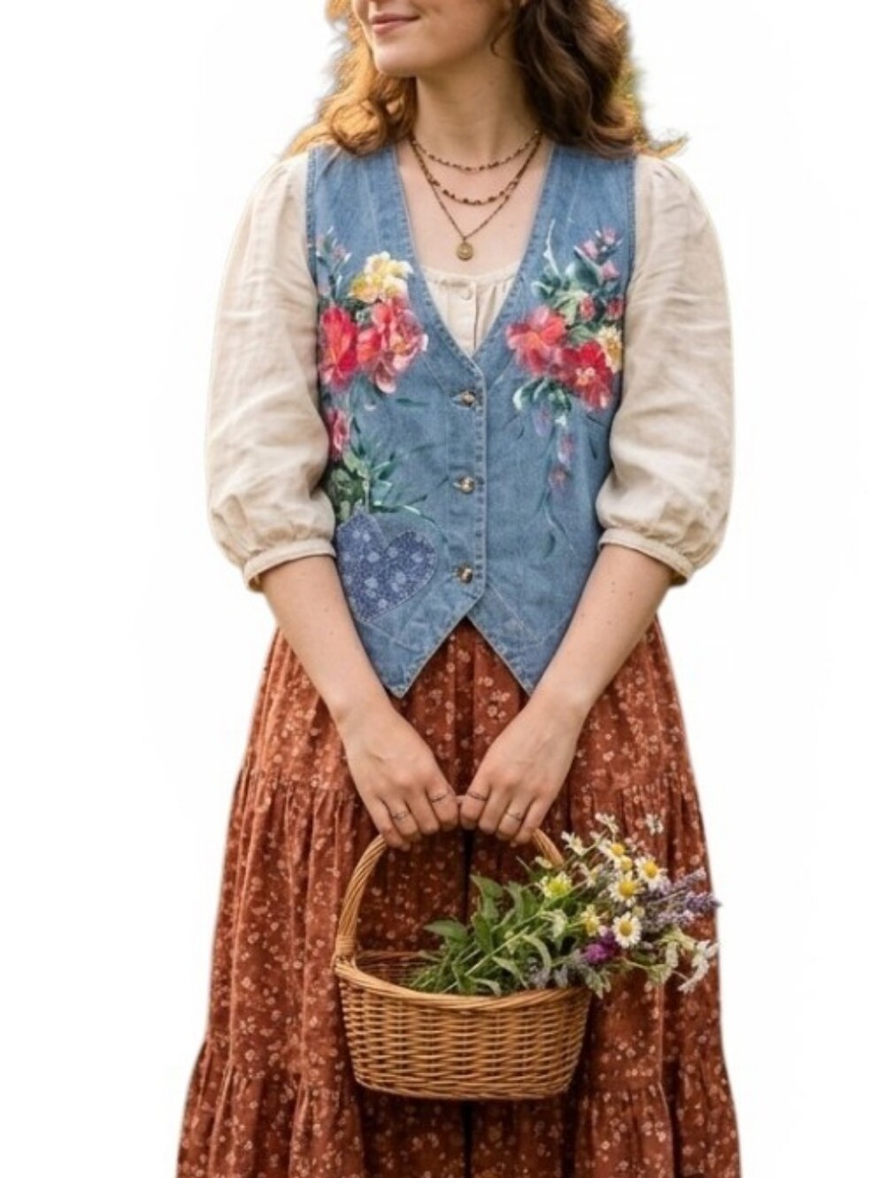 Vintage Blue Diamond Floral Denim Vest XL Cottagecore Patchwork Hand Painted